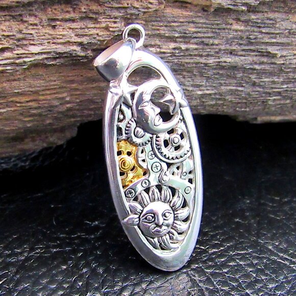 Solid 925 Sterling Silver Steampunk Sun, Moon, & Stars Pendant w 14K Gold Accent - Picture 1 of 3